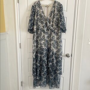 Eloquii Navy and White Plunge Neck Sundress with Bishop Sleeves